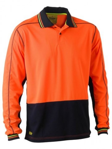 Bisley 2 Tone Hi Vis Polyester Mesh Polo Shirt Long Sleeve - Orange Navy Front 