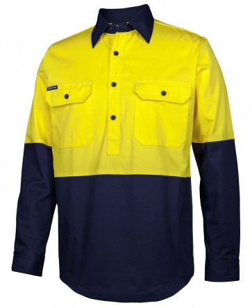 JBs Wear Hi Vis Close Front Long Sleeve Shirt - Yellow Navy Front