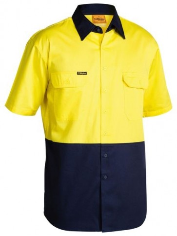 Bisley 2 Tone Cool Lightweight Drill Shirt - Short Sleeve Yellow Navy Front 