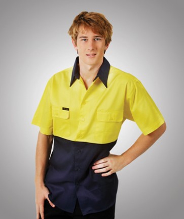 Blue Whale HV Cotton Drill Short Sleeve Shirt - Safety Yellow Navy  Model