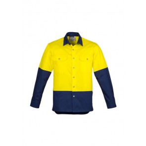 ZW122 Mens Hi Vis Spliced Industrial Shirt Yellow Navy Front